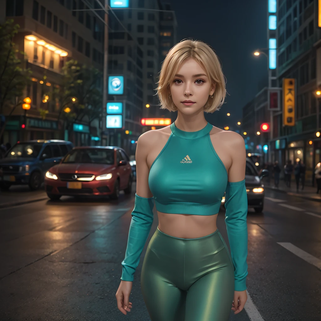 masterpiece, best quality, high quality, extremely detailed 32k unit an enchanting front view, A pretty 40 year old Blonde haired woman, she is standing out side Futuristic Building at night, she is wearing teal leggings and a crop top, her hair is Choppy Bob hair style, she looks beautiful in the glow of the street lights,(best quality ,photorealistic)