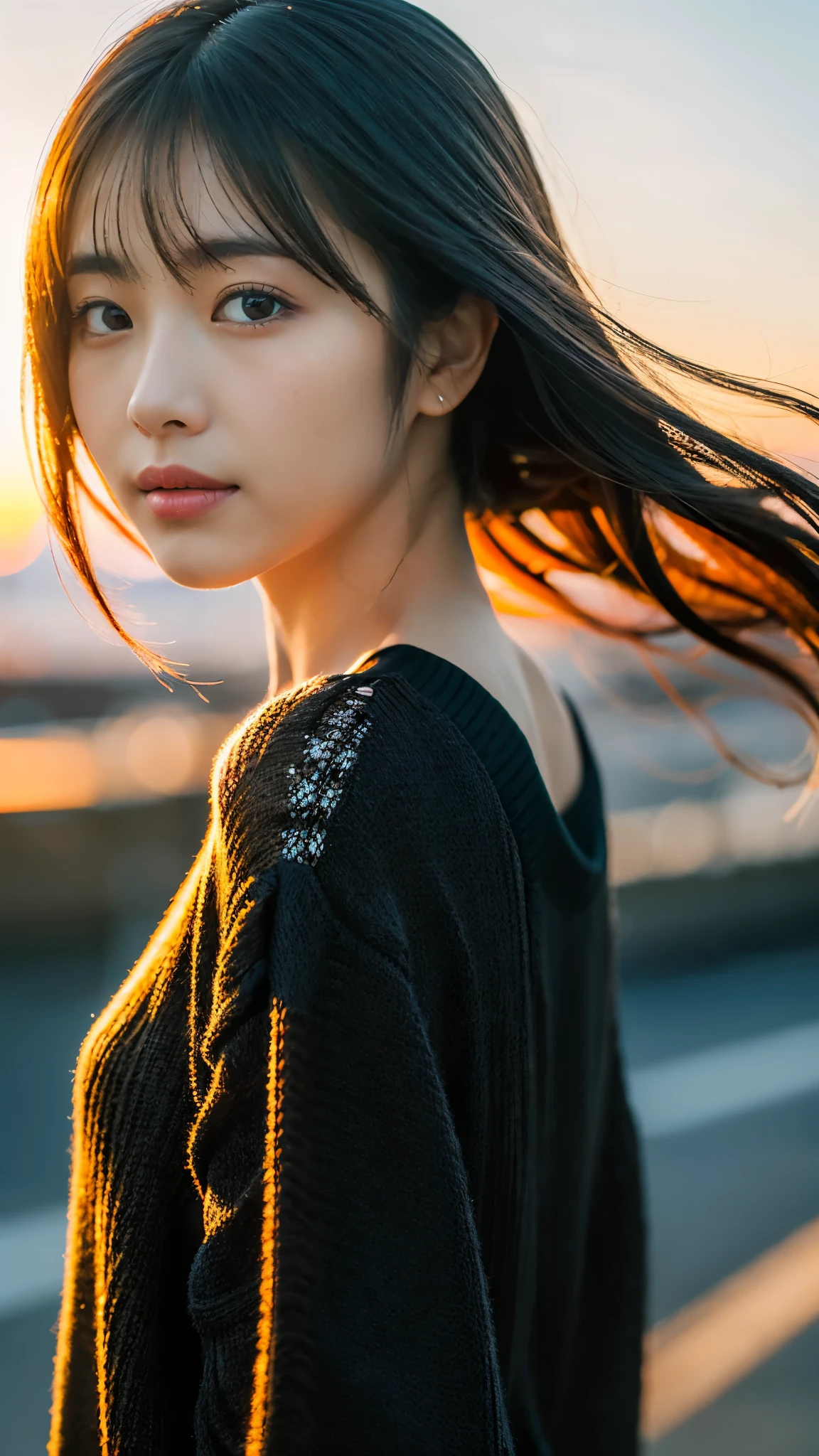 (masterpiece:1.2),(Highest quality),(Very detailed:1.2),(High resolution),(Photorealistic Stick),(RAW Photos),8K,Close-up of a woman in a black sweater,Soft portrait shots,Beautiful Japanese Women,Gorgeous face portrait,Eye light,Girl of the person himself,Very beautiful face,Beautiful portrait,A lovely and delicate face,Beautiful young Japanese woman,Mature hairstyle,Look this way(Sunset in the background),(((Blur the background))),(Over the shoulder),(POV shot),((Dynamic hair movement))