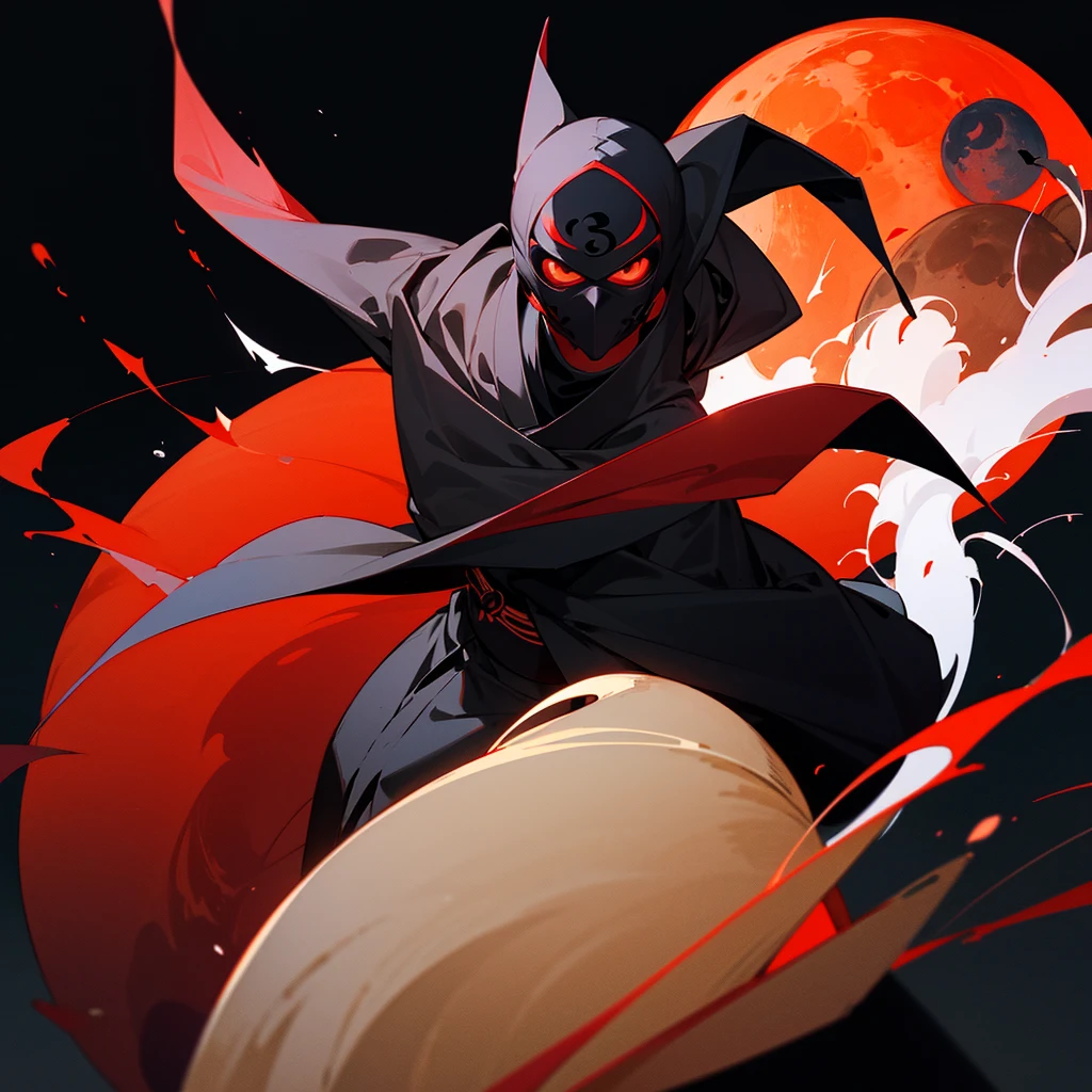 Telegram channel logo for music. Black background , red moon on a black background , a masked ninja stands against the background of the moon, in black anime style. Inscription under the moon : "KatanaMusic "