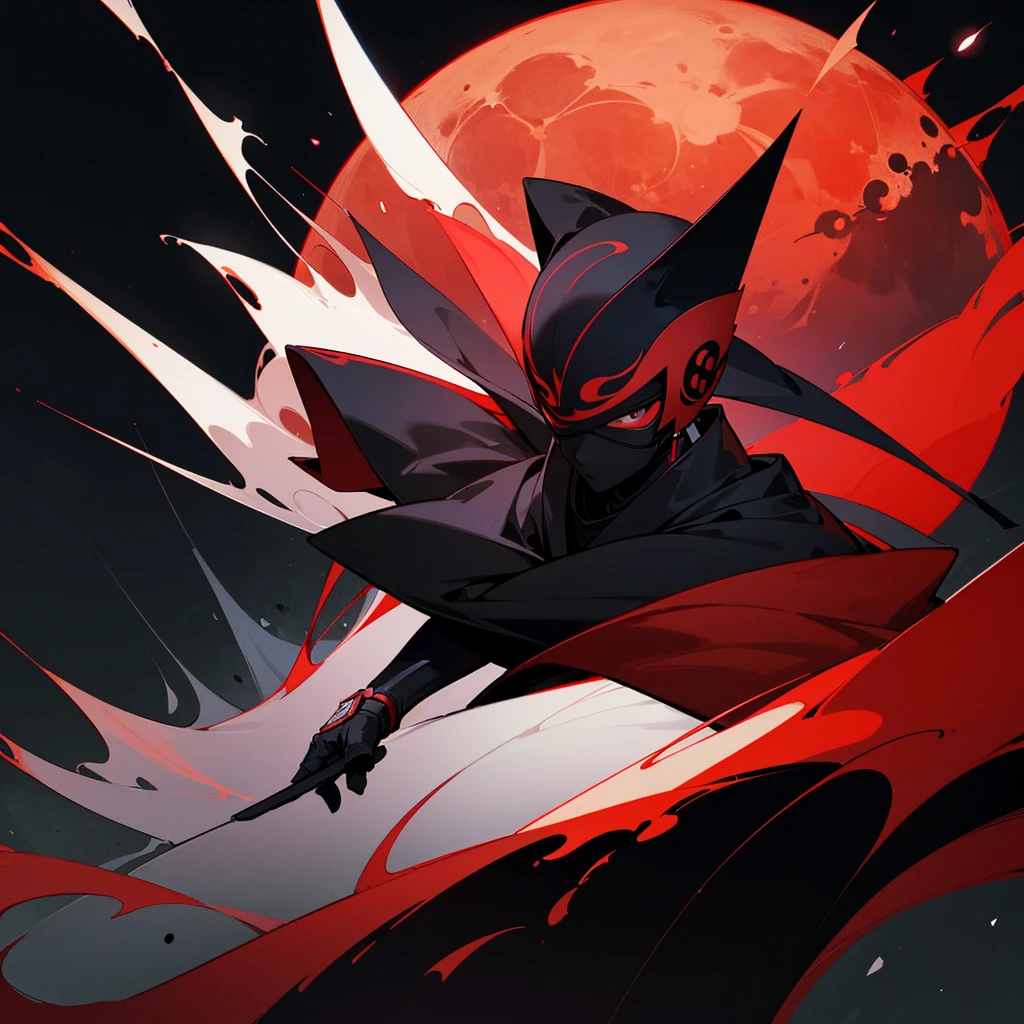 Telegram channel logo for music. Black background , red moon on a black background , a masked ninja stands against the background of the moon, in black anime style. Inscription under the moon : "KatanaMusic "