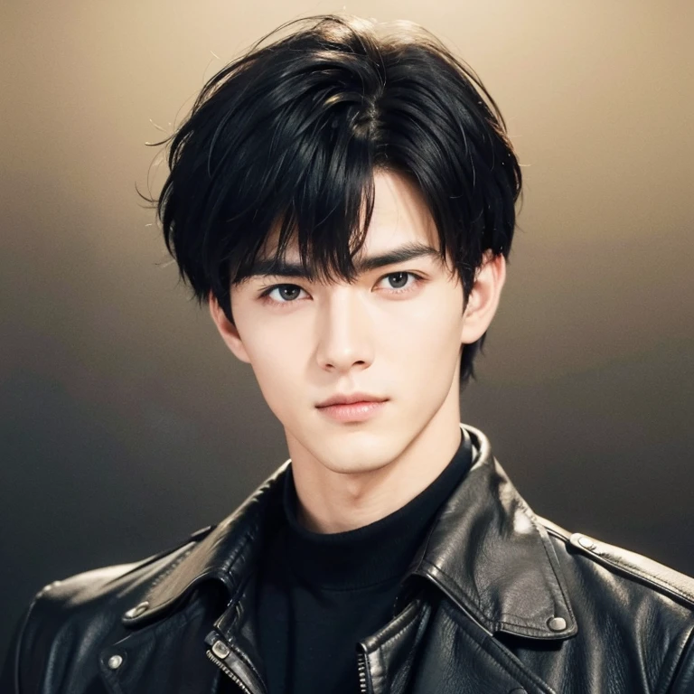 at office,wearing black leather coat,two block haircut, Attractive man,Live-action photo,Handsome and sunny,(SLR effect,Reality,8K,Hyper-detailing,Absolute realism)