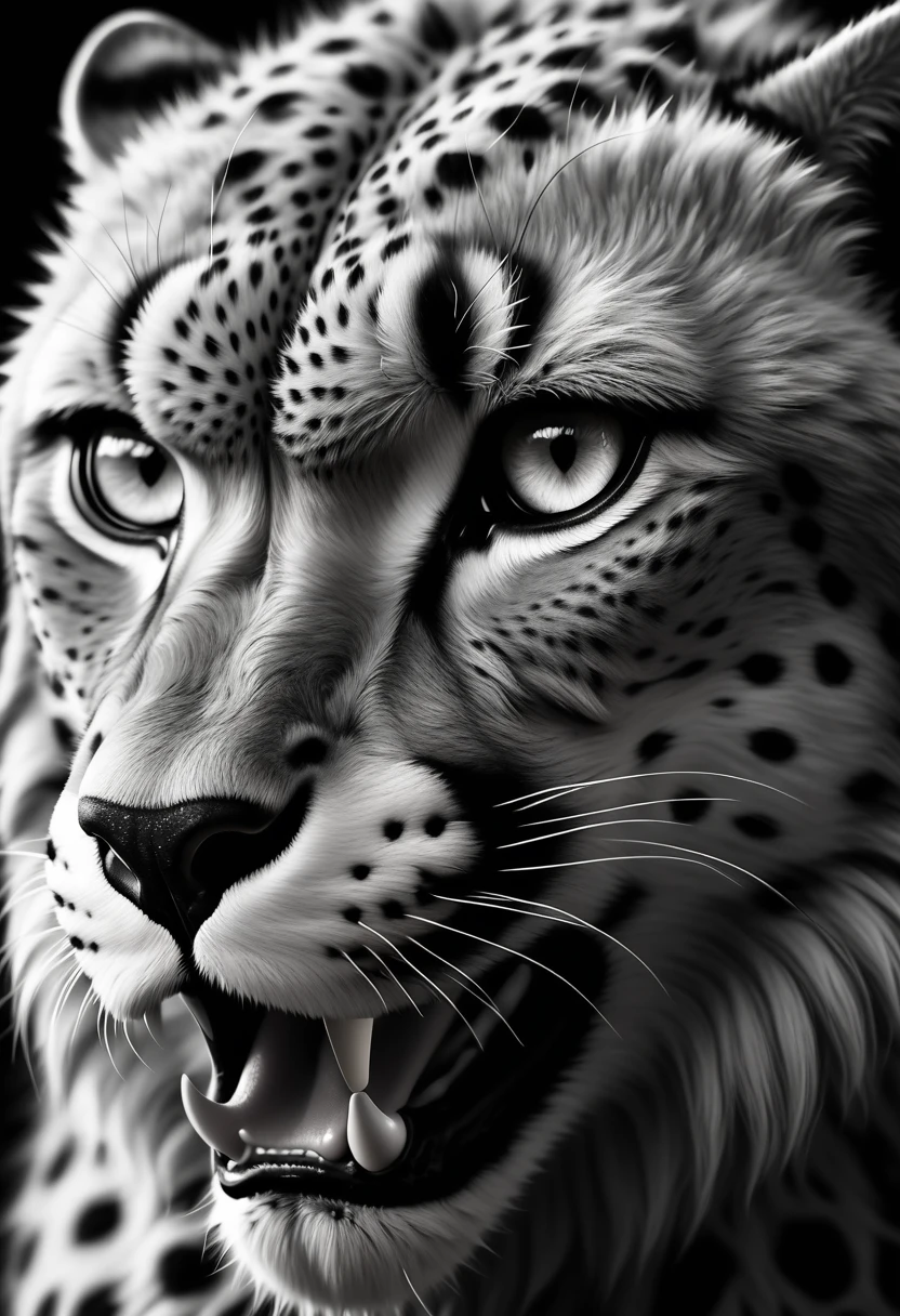 a fierce cheetah, close-up, intense eyes, black and white, realistic, 8k, detailed animal fur, detailed facial features, sharp focus, dramatic lighting, fine details, highly detailed, photorealistic, cinematic, moody, contrasty, powerful, majestic