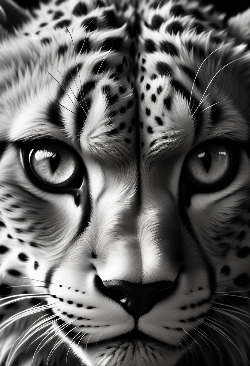 a fierce cheetah, close-up, intense eyes, black and white, realistic, 8k, detailed animal fur, detailed facial features, sharp focus, dramatic lighting, fine details, highly detailed, photorealistic, cinematic, moody, contrasty, powerful, majestic