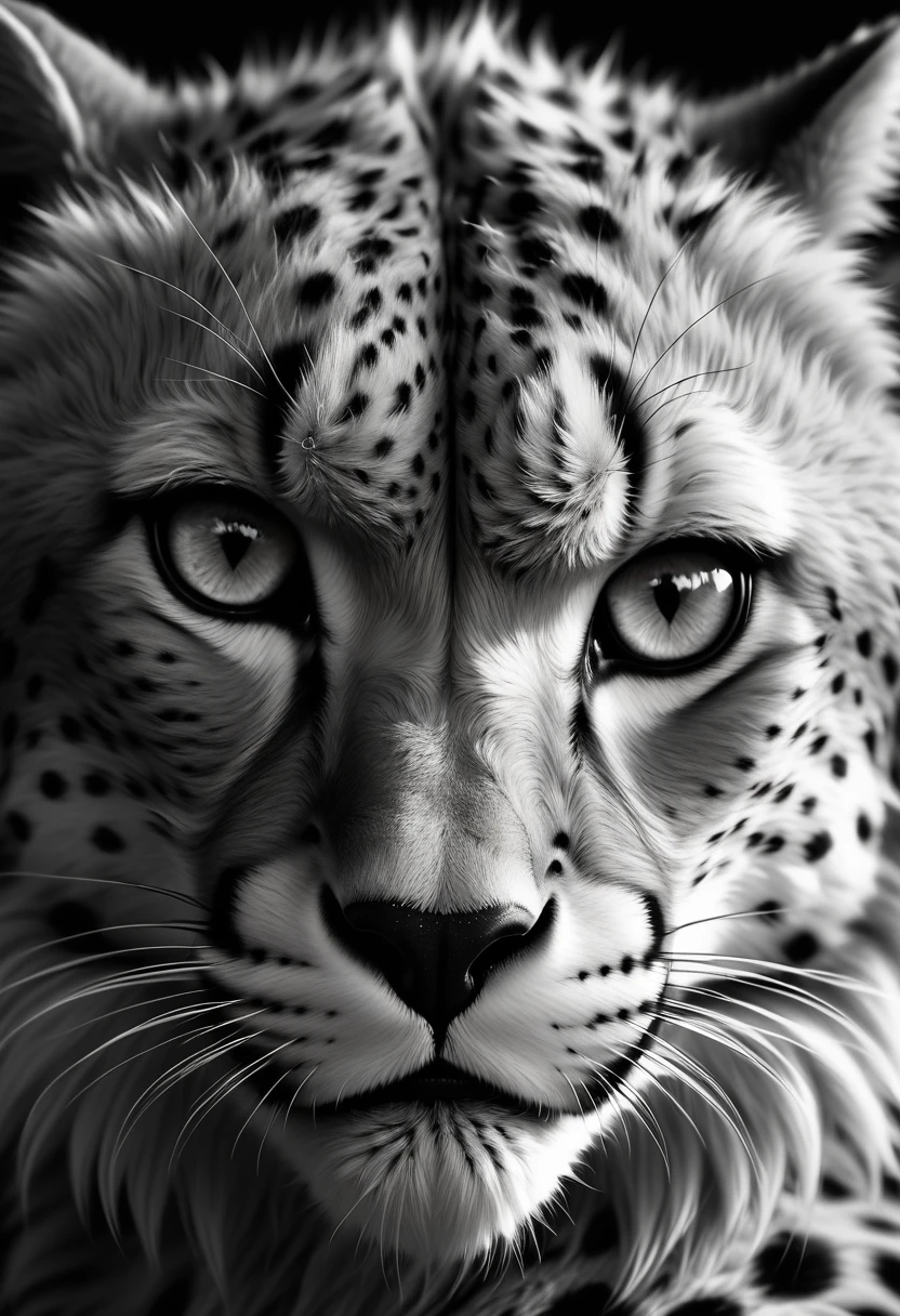 a fierce cheetah, close-up, intense eyes, black and white, realistic, 8k, detailed animal fur, detailed facial features, sharp focus, dramatic lighting, fine details, highly detailed, photorealistic, cinematic, moody, contrasty, powerful, majestic