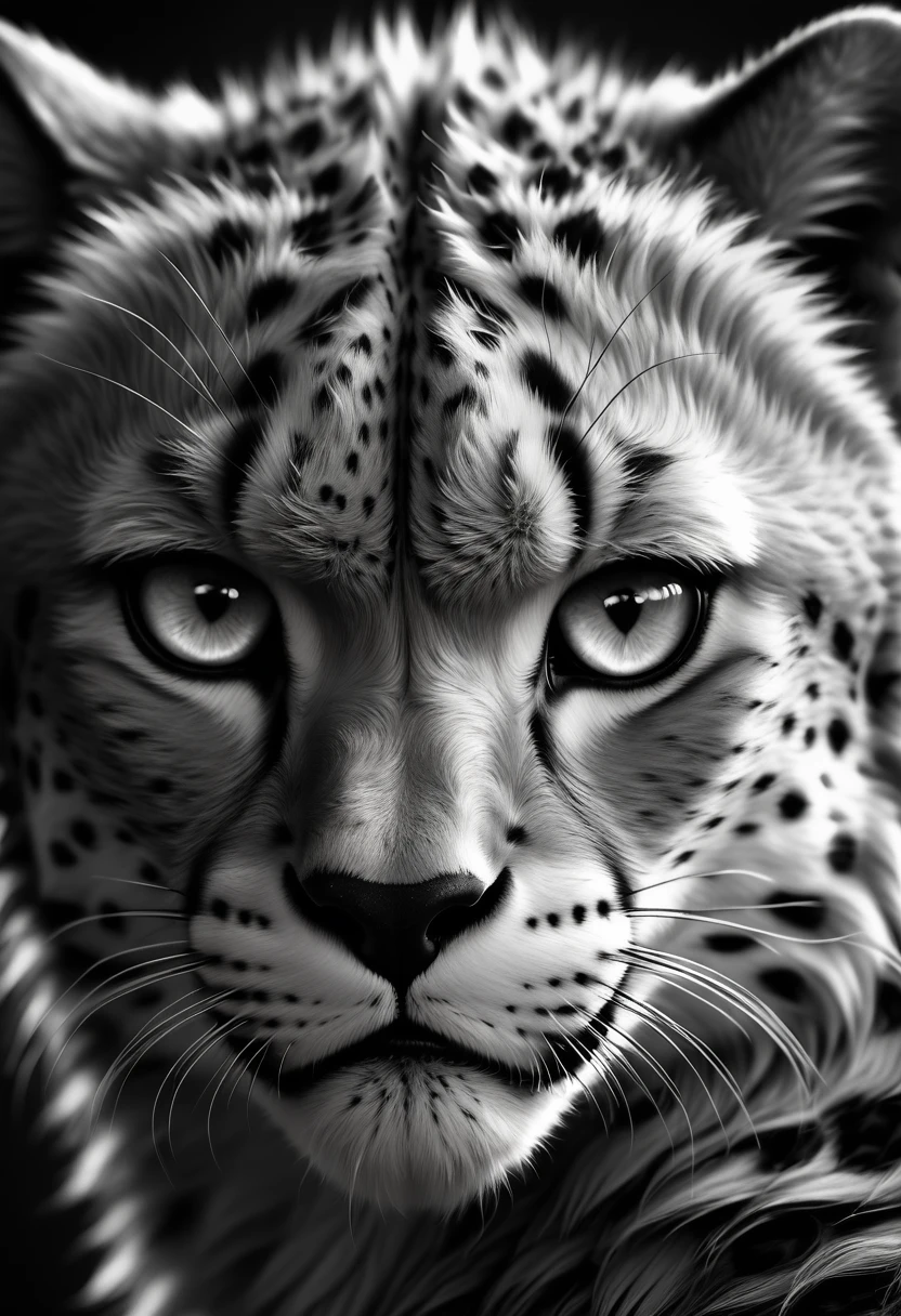a fierce cheetah, close-up, intense eyes, black and white, realistic, 8k, detailed animal fur, detailed facial features, sharp focus, dramatic lighting, fine details, highly detailed, photorealistic, cinematic, moody, contrasty, powerful, majestic