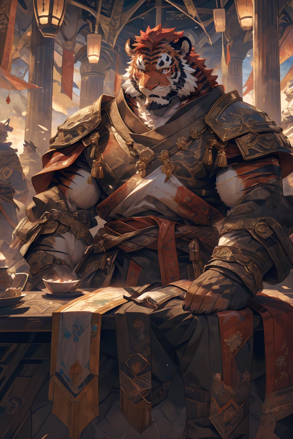 (赤红色tiger),(赤红流火Military commander战袍),Holding a long sword,Awesome posture,Sitting quietly on the edge of the cliff,(The background is a city with bright lights.:1.2),Abdominal muscles,Heroic飒爽,完美的masterpiece,Various facial details,Close-up view,specific description,masterpiece,cg,(Red eyes),Crimson pattern,Crimson tail,Military commander,Heroic,tiger,Crimson fur,Detailed facial details,Half Body,(赤红Military commander战履),(Long feather),((middle aged)),(Face Focus),(16K),HD,Red and white abdomen,temple,beard,(Face lines),Heterochromia,(Red battle robe),(Crimson hair),Strong,muscle,(high resolution:1.3),(Sitting on the cliff and looking at the lights of thousands of houses)