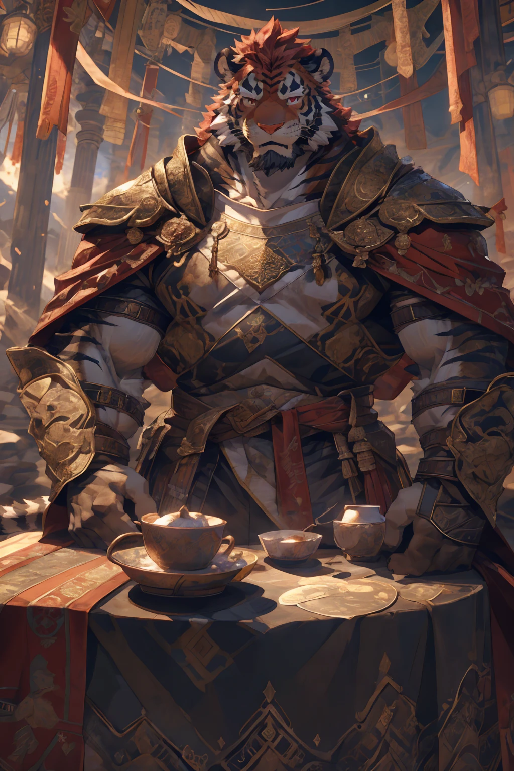(赤红色tiger),(赤红流火Military commander战袍),Holding a long sword,Awesome posture,Sitting quietly on the edge of the cliff,(The background is a city with bright lights.:1.2),Abdominal muscles,Heroic飒爽,完美的masterpiece,Various facial details,Close-up view,specific description,masterpiece,cg,(Red eyes),Crimson pattern,Crimson tail,Military commander,Heroic,tiger,Crimson fur,Detailed facial details,Half Body,(赤红Military commander战履),(Long feather),((middle aged)),(Face Focus),(16K),HD,Red and white abdomen,temple,beard,(Face lines),Heterochromia,(Red battle robe),(Crimson hair),Strong,muscle,(high resolution:1.3),(Sitting on the cliff and looking at the lights of thousands of houses)