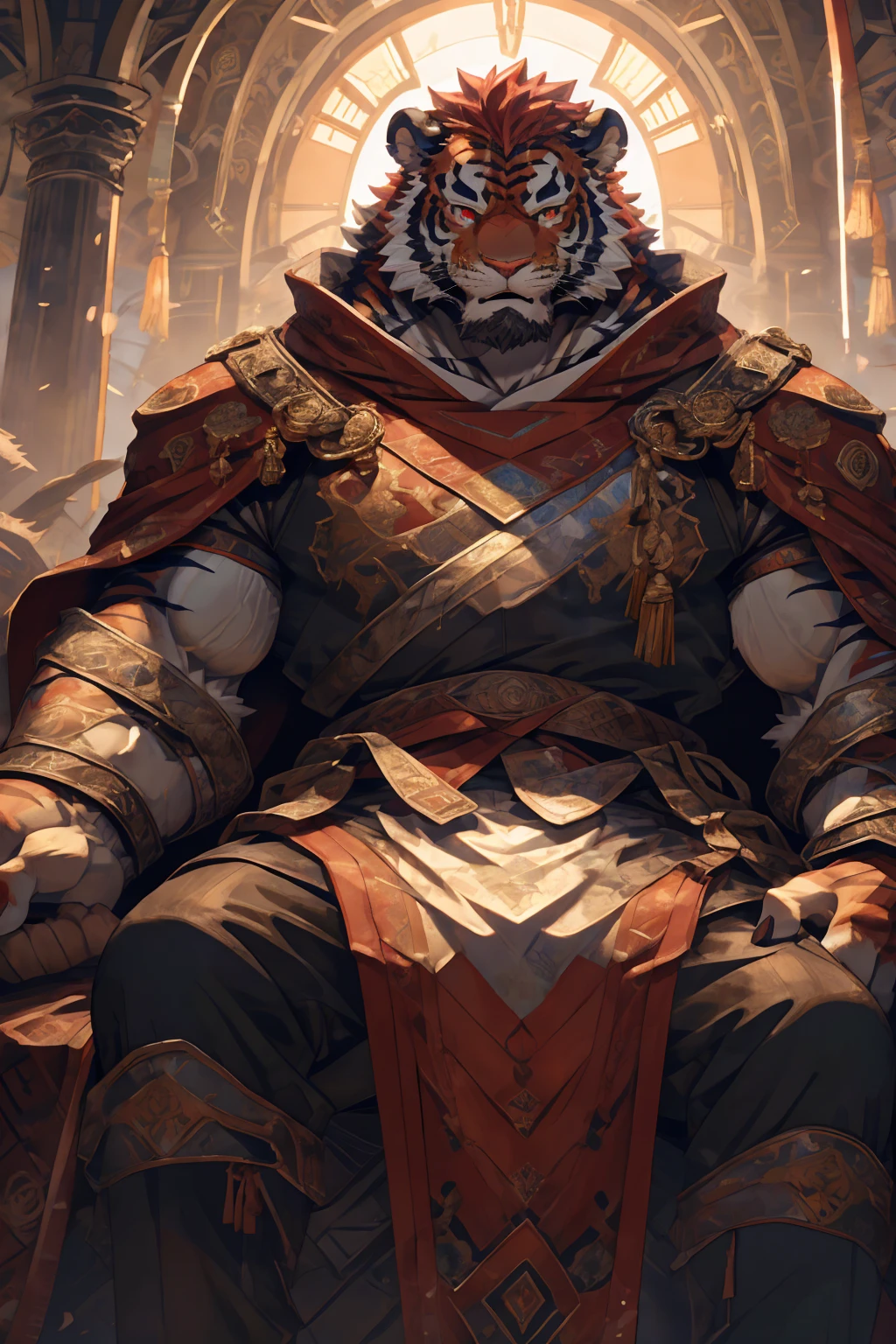 (赤红色tiger),(赤红流火Military commander战袍),Holding a long sword,Awesome posture,Sitting quietly on the edge of the cliff,(The background is a city with bright lights.:1.2),Abdominal muscles,Heroic飒爽,完美的masterpiece,Various  details,Close-up view,specific description,masterpiece,cg,(Red eyes),Crimson pattern,Crimson tail,Military commander,Heroic,tiger,Crimson fur,Detailed  details,Half Body,(赤红Military commander战履),(Long feather),((middle aged)),(Face Focus),(16K),HD,Red and white abdomen,temple,beard,(Face lines),Heterochromia,(Red battle robe),(Crimson hair),Strong,muscle,(high resolution:1.3),(Sitting on the cliff and looking at the lights of thousands of houses)