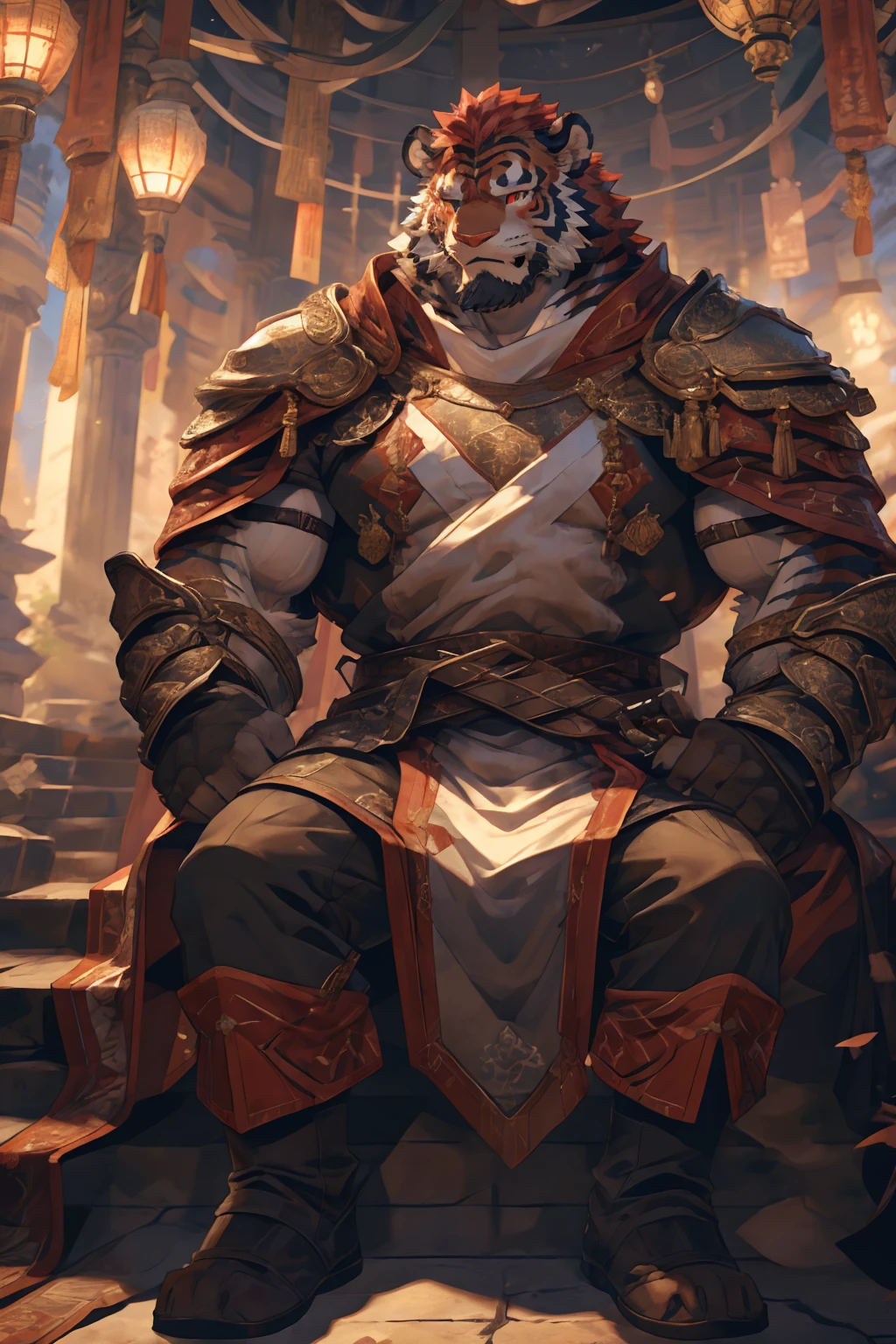 (赤红色tiger),(赤红流火Military commander战袍),Holding a long sword,Awesome posture,Sitting quietly on the edge of the cliff,(The background is a city with bright lights.:1.2),Abdominal muscles,Heroic飒爽,完美的masterpiece,Various facial details,Close-up view,specific description,masterpiece,cg,(Red eyes),Crimson pattern,Crimson tail,Military commander,Heroic,tiger,Crimson fur,Detailed facial details,Half Body,(赤红Military commander战履),(Long feather),((middle aged)),(Face Focus),(16K),HD,Red and white abdomen,temple,beard,(Face lines),Heterochromia,(Red battle robe),(Crimson hair),Strong,muscle,(high resolution:1.3),(Sitting on the cliff and looking at the lights of thousands of houses)
