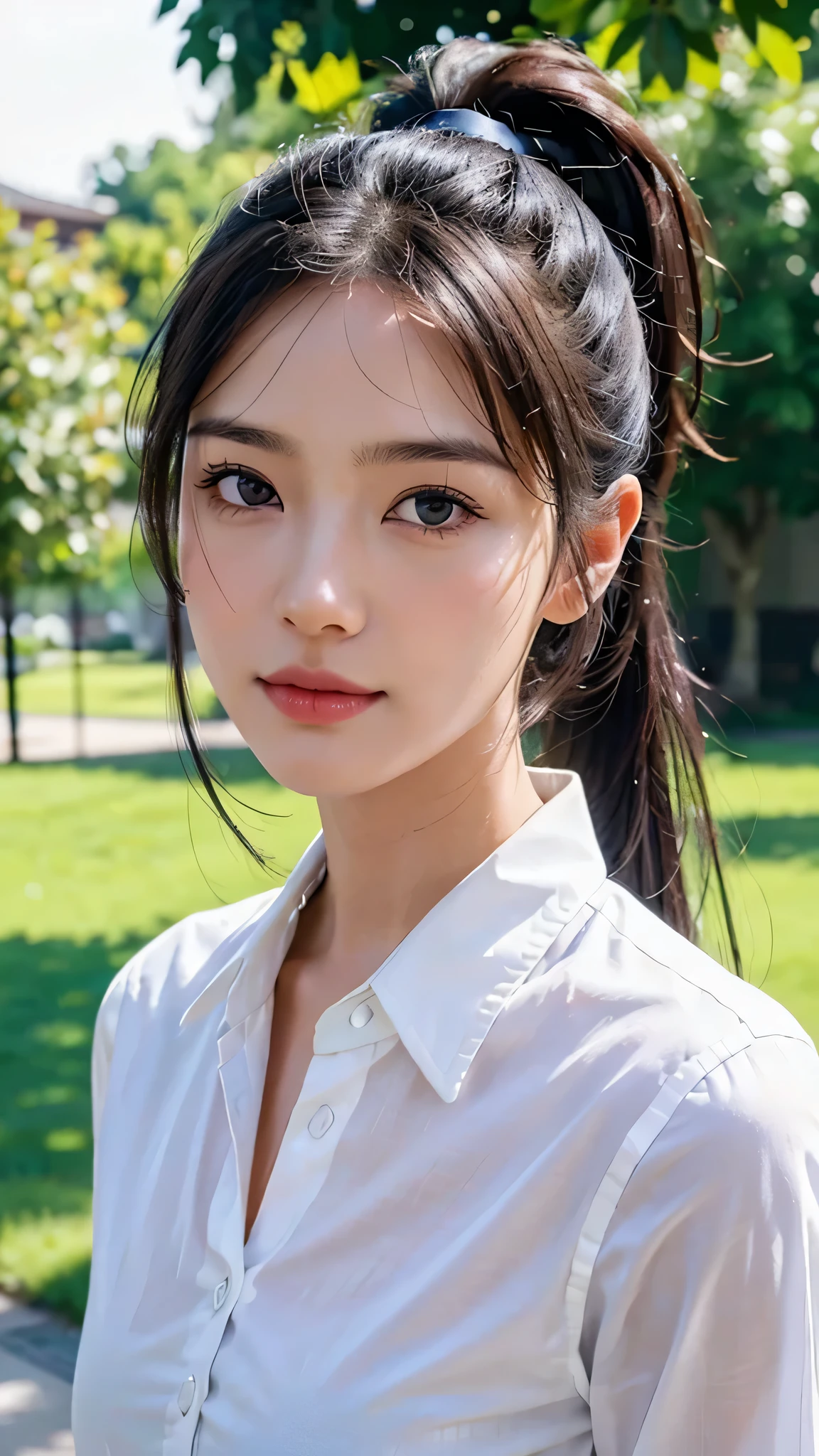 White collared shirt,jeans,outdoors,Urban Park,On the lawn,One woman,close up face,fully body photo,masutepiece, The highest image quality, High quality, the background is clear,Beautiful woman, Japanese, Detailed, Ultra-detailed, finely detail, hight resolution, 8K Wallpaper, Perfect dynamic composition, Beautiful detailed eyes ,Detailed eyes, Detailed skin, Beautiful skin, 超hight resolution, (reality: 1.4),Very beautiful woman, Slightly younger face, Beautiful skin, slender, (Ultra photo realsisim), (hight resolution), (8K), (Very detailed) (beautifully detailed eyes), (super detailed), (Detailed face), view the viewer, Fine details, Detailed face, Staring straight ahead, Staring straight ahead, photos realistic, Bright lighting, Professional Lighting, Black hair,poneyTail,a baby face,sixteen years old,Hairstyle: ponytail,Long ponytail hairstyle,slight smile,