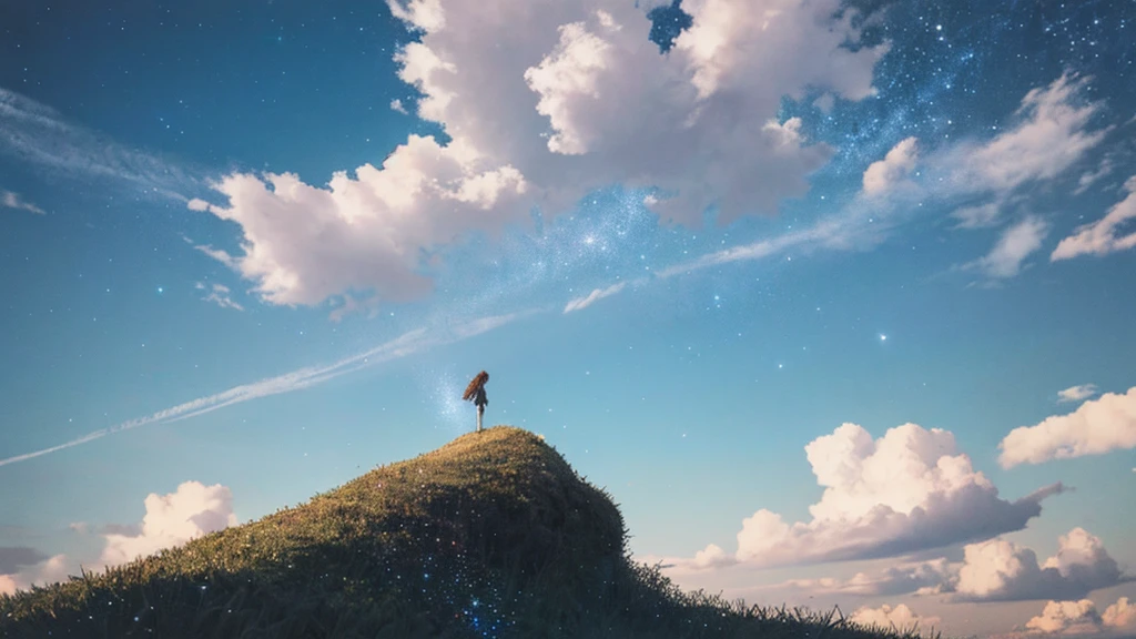 absurdity, high resolution, (official art, beautiful and aesthetic: 1.2), close view, sparkling sky, vast world,((1 girl)), staring, awe-inspiring expression, distant horizon, clouds, high hill, natural beauty, inspiration, light effect, wide shot, from afar,