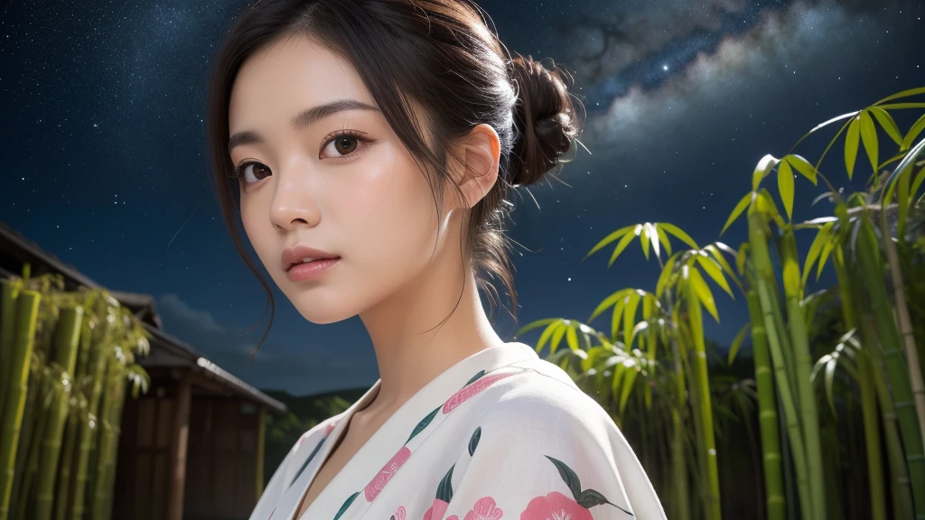 (1women), bun hair, (round eyes:1.2), (highly detailed face), (extremely detailed beautiful face), (floral pattern yukata), (Best Quality:1.4), (Ultra-detailed), extremely detailed CG unified 8k wallpaper, Realistic portrait, Beautiful detailed, High-definition raw color photos, professional photography, night sky, tanzaku, (Japan's Tanabata, Tanabata night), tanzaku, beautiful milky way, bamboo, scenery, plant, (fine face:1.2), focus on women