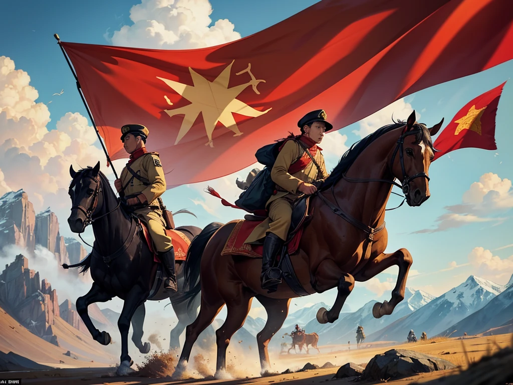 A poster of the Long March，Warm colors，Contains Chinese Communist  flag elements，Rich graphics，red、gold、Fighters of the Red Army、Snow Mountain、grassland、river、red flag、Red stars、Pigeon、Illustration style、Paper cutting skills，The picture should have a sense of hierarchy，Exquisite，high quality，Coordination of character movements，No horses appear，People walking in a long line，The clothes are light blue worn cotton clothes，Carry a gun on your back，The team meandered into the distance and gradually disappeared into the mountains