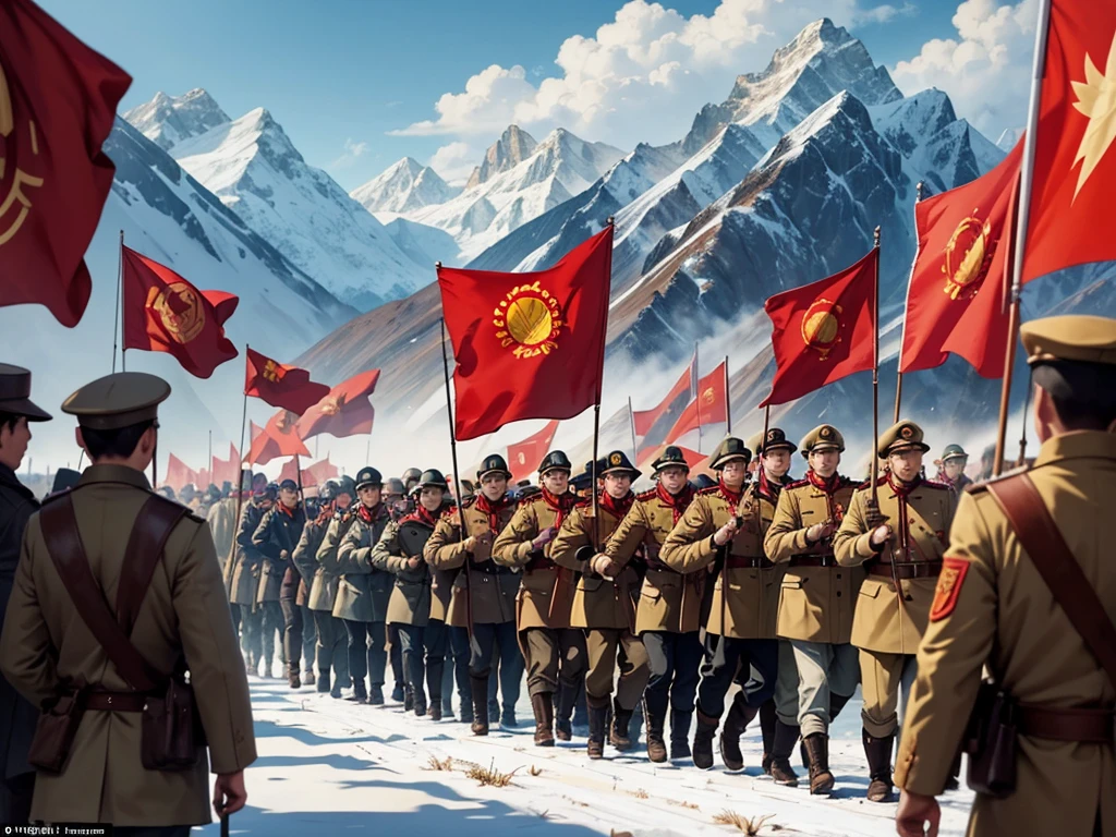 A poster of the Long March，Warm colors，Contains Chinese Communist  flag elements，Rich graphics，red、gold、Fighters of the Red Army、Snow Mountain、grassland、river、red flag、Red stars、Pigeon、Illustration style、Paper cutting skills，The picture should have a sense of hierarchy，Exquisite，high quality，Coordination of character movements，No horses appear，People walking in a long line，The clothes are light blue worn cotton clothes，Carry a gun on your back，The team meandered into the distance and gradually disappeared into the mountains