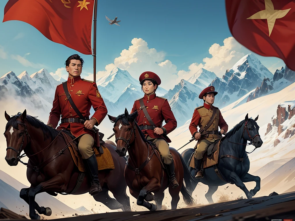 A poster of the Long March，Warm colors，Contains Chinese Communist  flag elements，Rich graphics，red、gold、Fighters of the Red Army、Snow Mountain、grassland、river、red flag、Red stars、Pigeon、Illustration style、Paper cutting skills，The picture should have a sense of hierarchy，Exquisite，high quality，Coordination of character movements，No horses appear，People walking in a long line，The clothes are light blue worn cotton clothes，Carry a gun on your back，The team meandered into the distance and gradually disappeared into the mountains