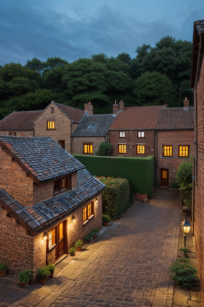 A picture of an old village with houses made of all bricks in the evening