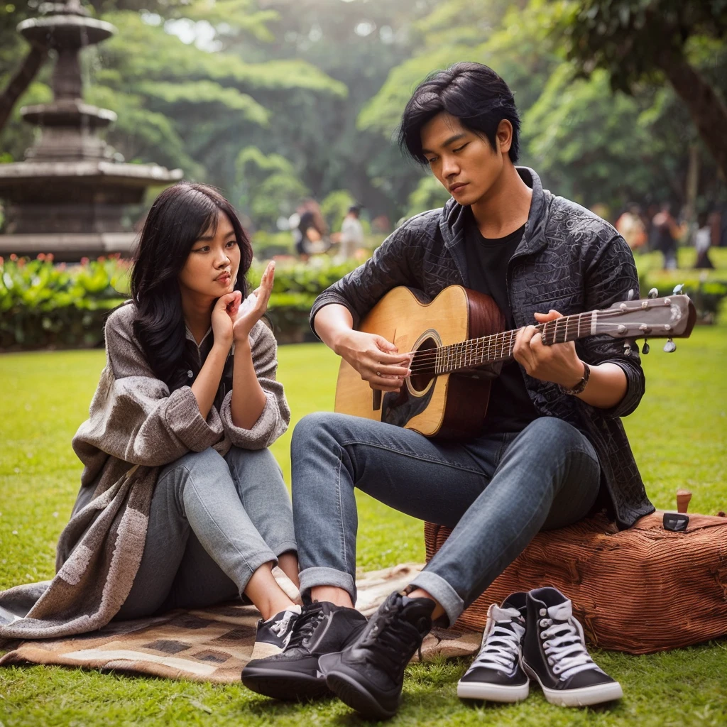 full body,  a handsome Indonesian man with black hair, wearing a white hoodie, black trousers, wear sneakers, he was playing guitar in a beautiful garden. behind him is a beautiful woman (his girlfriend) was embracing Lelski&#39;s neck, the black-haired woman was hugging Mersa. Their faces are facing forward looking at the camera, the picture is very clear,nyata realistic 64k