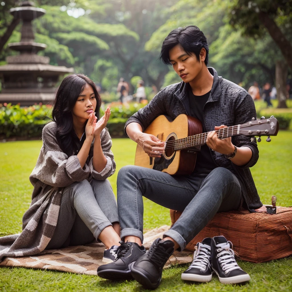full body,  a handsome Indonesian man with black hair, wearing a white hoodie, black trousers, wear sneakers, he was playing guitar in a beautiful garden. behind him is a beautiful woman (his girlfriend) was embracing Lelski&#39;s neck, the black-haired woman was hugging Mersa. Their faces are facing forward looking at the camera, the picture is very clear,nyata realistic 64k