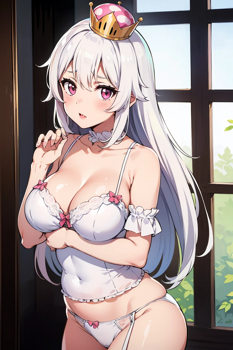 best quality, high resolution, large breasts, white hair, blush, embarrassed, cowboy shot, looking at viewer, Boosette, pink lip, (((off shoulders))), (((White lingerie)))