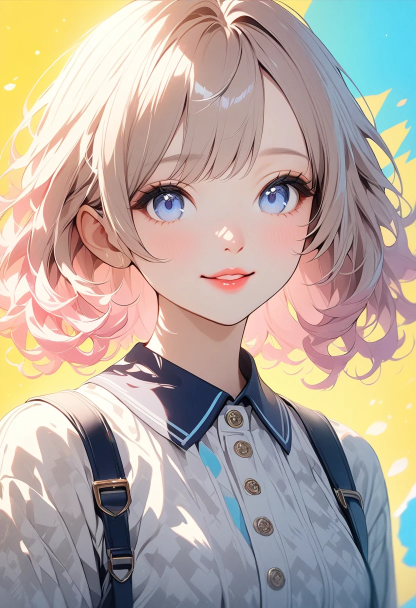 Beautiful Japanese Woman, Soft skin and a nice perfect face, A small face with a nose and rosy lips, Beautiful Eyes, Beautiful smile. black, Surrounded by a bright, ethereal glow、Thin, long, beautiful hair. A loose, medium hairstyle with gradation highlights and grey layers, Navy band collar shirt x yellow houndstooth flare skirt, Bright neon colorful background, Hyperrealistic female photos, High quality high resolution 8K masterpiece