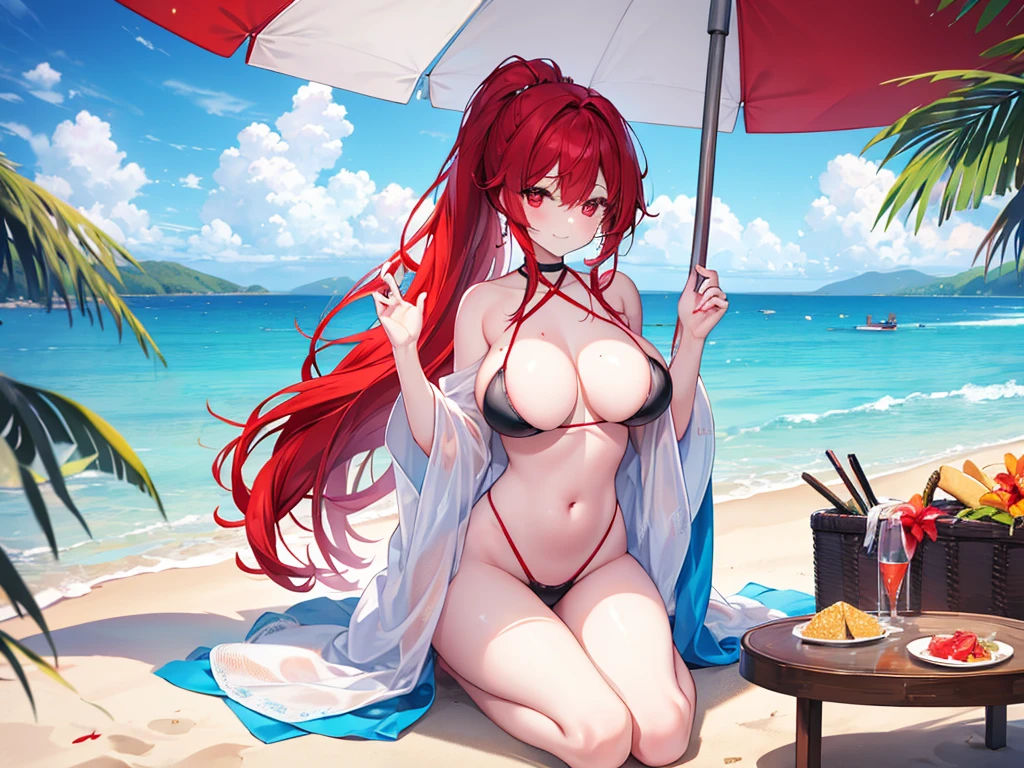 Parasol, food, basket, flip flops, vinyl sheet, Beaches and sands, Calm expression, Perfect hands, elder, The dignity of a 50-year-old, 落ち着きのあるwoman, solo、(Highly detailed background:1.0)、(Highly detailed background:1.0)、masterpiece、Highest quality、(Babes)、Fractal Art、Red eyes、Narrow eyes、Sexy black and red swimsuit, Reddish cheeks、Tropical Sea、From the shoulders up、Recall、smile、(Red Hair、Colorful Hair)、Three-dimensional clouds、Venice beach, Long Ponytail, Red eyes,スタイリッシュなアクセサリーsolo, Big Breasts, woman, Take-out, Provocative laughter,40 year old woman,Queen of Sadism, Highly detailed background, Great writing style, Sit with both hands outstretched, Splash, Diffuse reflection of light, Perfect Human Medicine, Water breathing, Bare Skin, barefoot, Sweat, Heart symbol in eye, 