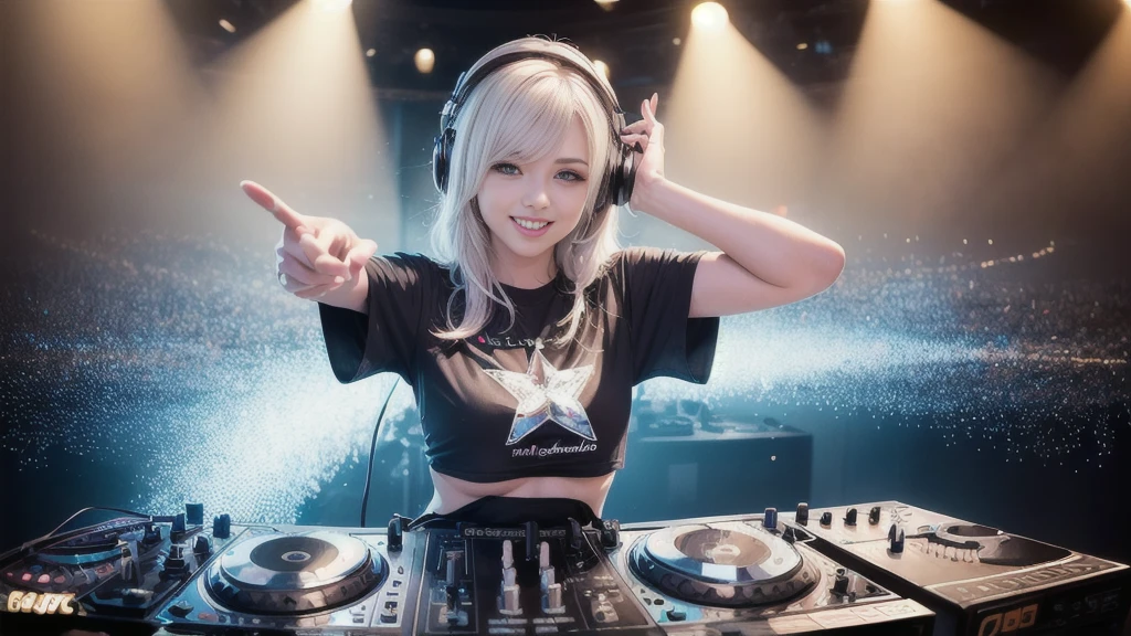 (ultra - detailed, 16K resolution, Cinema lenses, rendering by octane), (high resolution:1.18), intricate detail, (masterpiece:1.1), (highest quality:1.1), (1girl, portrait, white hair, blue eyes, short hair, detailed eyes),Wearing silver DJ headphones, Shiny silver sequined T-shirt, (Iconic hip-hop pop costumes:1.3), Smile while DJing on stage, full body shot of, The spotlight shines on the female DJ. Photorealistic photography by Disco Lighting, (cute round face:1.3), perfect fingers, five fingers, beautiful hands, perfect hands. master peace, cute smile.
