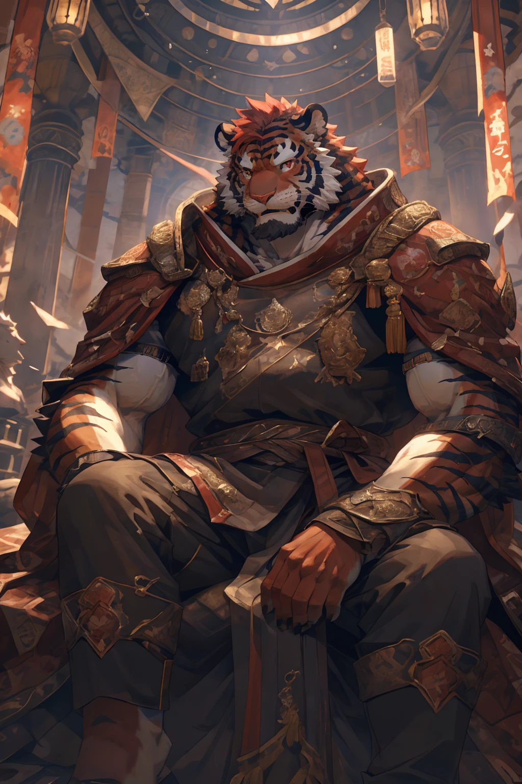 (赤红色tiger),(赤红流火Military commander战袍),Holding a long sword,Awesome posture,Sitting quietly on the edge of the cliff,(The background is a city with bright lights.:1.2),Abdominal muscles,Heroic飒爽,完美的masterpiece,Various facial details,Close-up view,specific description,masterpiece,cg,(Red eyes),Crimson pattern,Crimson tail,Military commander,Heroic,tiger,Crimson fur,Detailed facial details,Half Body,(赤红Military commander战履),(Long feather),((middle aged)),(Face Focus),(16K),HD,Red and white abdomen,temple,beard,(Face lines),Heterochromia,(Red battle robe),(Crimson hair),Strong,muscle,(high resolution:1.3),(Sitting on the cliff and looking at the lights of thousands of houses)