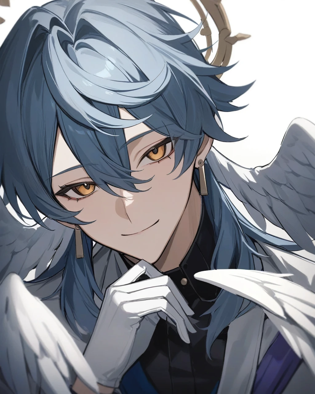 masterpiece,best quality,sunday_(honkai:_star_rail), black_shirt, sidelocks, white_wings, smile, looking_at_viewer, gloves, closed_mouth, solo, hand_up, shirt, head_wings, long_sleeves, jewelry, white_gloves, jacket, eyelashes, simple_background, halo, wings, white_background, feathered_wings, 1boy, upper_body, male_focus, earrings