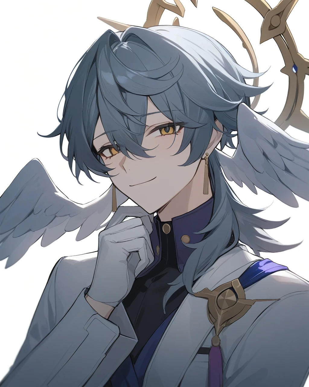 masterpiece,best quality,sunday_(honkai:_star_rail), black_shirt, sidelocks, white_wings, smile, looking_at_viewer, gloves, closed_mouth, solo, hand_up, shirt, head_wings, long_sleeves, jewelry, white_gloves, jacket, eyelashes, simple_background, halo, wings, white_background, feathered_wings, 1boy, upper_body, male_focus, earrings