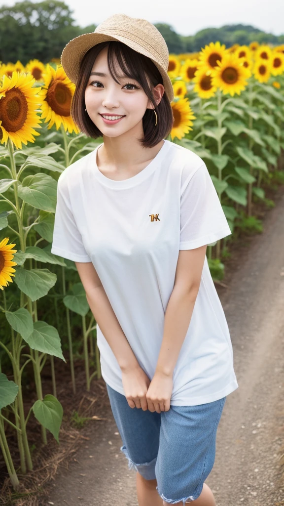 (8K, Realistic, RAW Photos, Highest quality: 1.4),Japanese idol-style beautiful girl,1 person,18-year-old,(Chestnut short bob),She has her hair tucked behind her ears,My hair is blowing in the strong wind,She is wearing a hat,Large, clear grey eyes,Long eyelashes,She has small piercings in her ears,Fuller lips,(White T-shirt),Overalls,Sandals on bare feet,Sunflower field,Smiling at the camera,Front view,Full body portrait