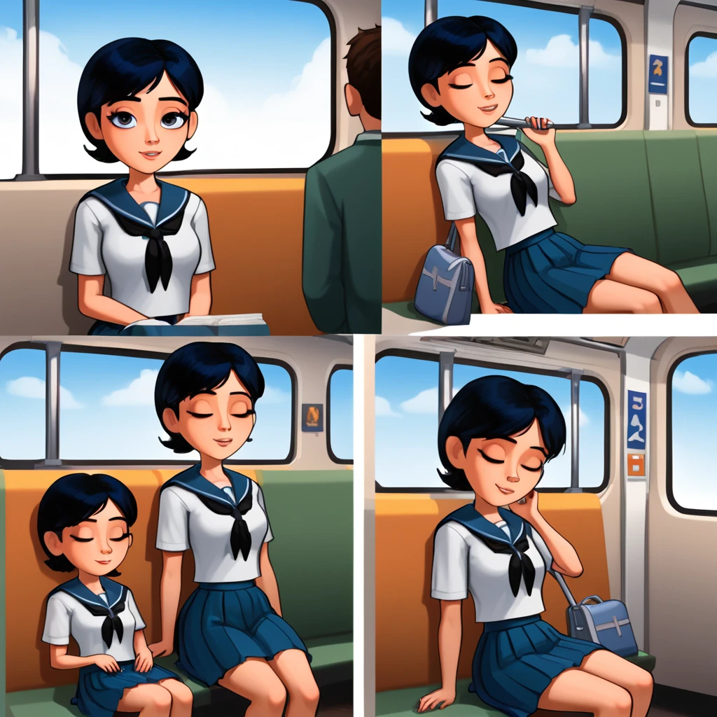 Create 3D Pixar-style cartoon scenes,,Wearing a sailor uniform,The girl in front of me,Sitting and sleeping on a train,The girl is sitting opposite me.