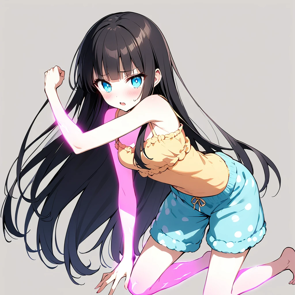 16k works,Highest quality,18-year-old,No background.White background only,whole body、Kneel,Dynamic and sexy pose, One person, Beautiful Face,, Symmetrical eyes, Perfect body, Good balance、 Perfect body、、Japanese,Black Hair,Long Hair,Blunt bangs,Embarrassed look,((Small head:1.4,skinny:1.3,Ideal body proportions:1.4,Medium chest,Glowing Skin:1.2)),(((Loungewear:1.5,Underbust:1.3,camisole、Shorts))),