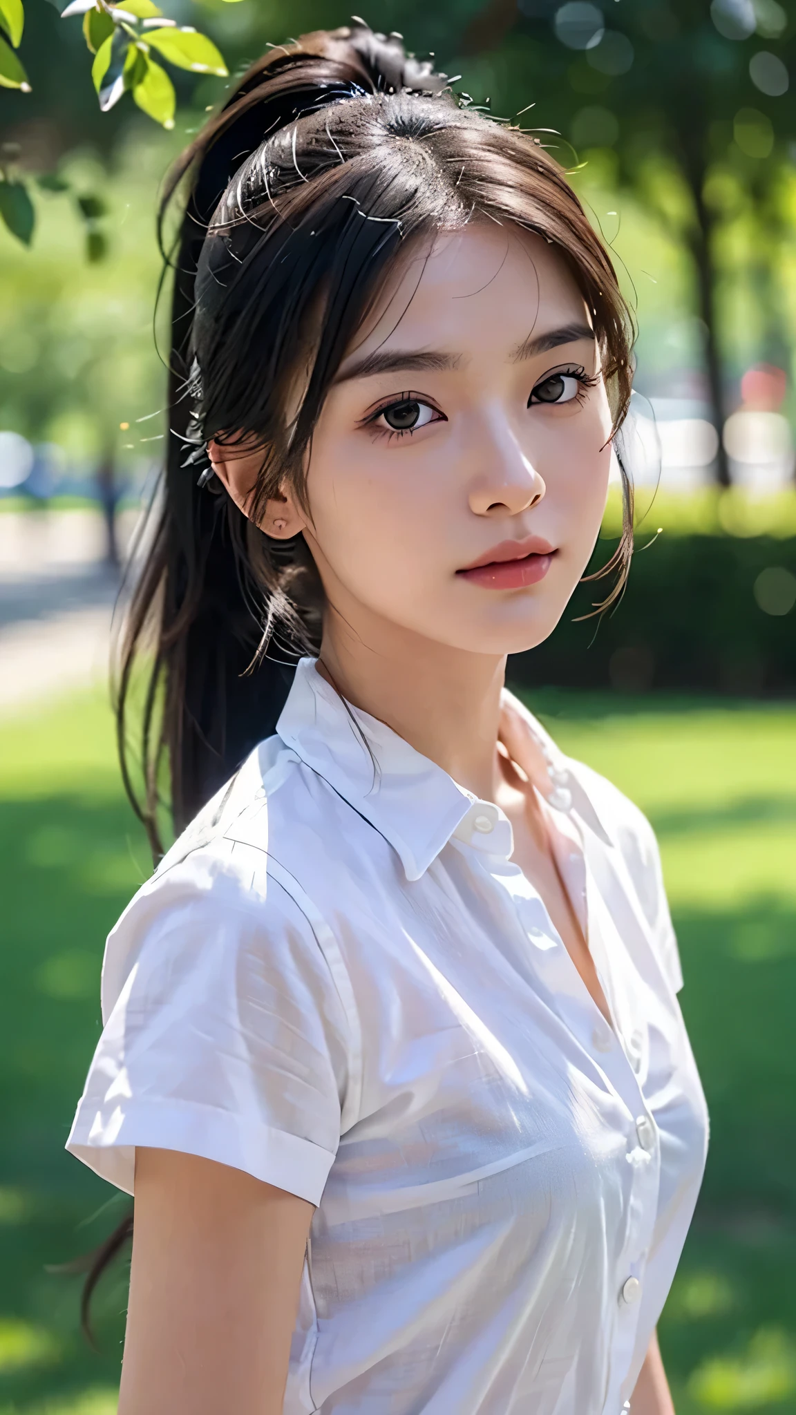 White collared shirt,jeans,outdoors,Urban Park,On the lawn,One woman,close up face,fully body photo,masutepiece, The highest image quality, High quality, the background is clear,Beautiful woman, Japanese, Detailed, Ultra-detailed, finely detail, hight resolution, 8K Wallpaper, Perfect dynamic composition, Beautiful detailed eyes ,Detailed eyes, Detailed skin, Beautiful skin, 超hight resolution, (reality: 1.4),Very beautiful woman, Slightly younger face, Beautiful skin, slender, (Ultra photo realsisim), (hight resolution), (8K), (Very detailed) (beautifully detailed eyes), (super detailed), (Detailed face), view the viewer, Fine details, Detailed face, Staring straight ahead, Staring straight ahead, photos realistic, Bright lighting, Professional Lighting, Black hair,poneyTail,a baby face,sixteen years old,Hairstyle: ponytail,Long ponytail hairstyle,slight smile,