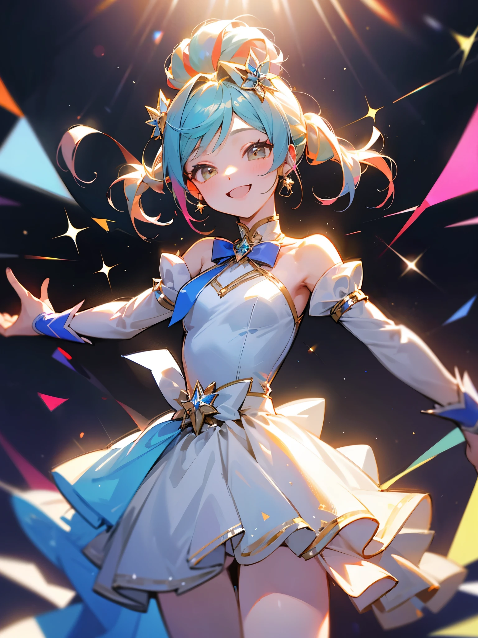 Anatomically correct body、１People Girls、A sparkling idol stage、Colorful and gorgeous dress、Bright smile、A sparkling smile、Cute wink