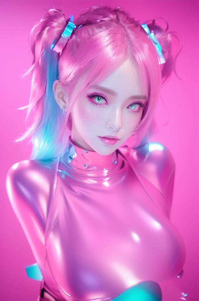 a close up of a woman in a latex outfit posing for a picture, Shiny skin, Trending on cgstation, Pink pigtails and cyan eyes, Photorealistic anime girl rendering, Smooth pink skin, 3D Anime Real, ig model | art gelm, Inspired by Yanjun Chen, 8k art gelm bokeh, Super Real Anime