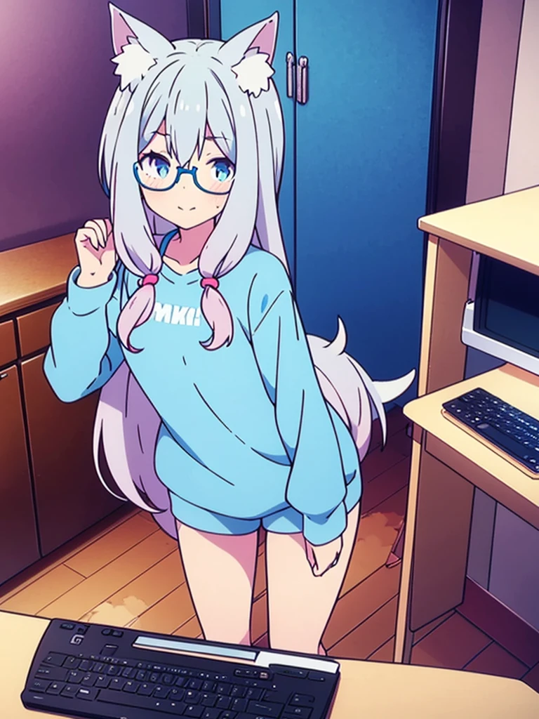 vtuber nekomimi  beautiful blue sweatshirt blue shorts beautiful girl blue eyes long white hair with glasses perfect   in room in front of pc gaming