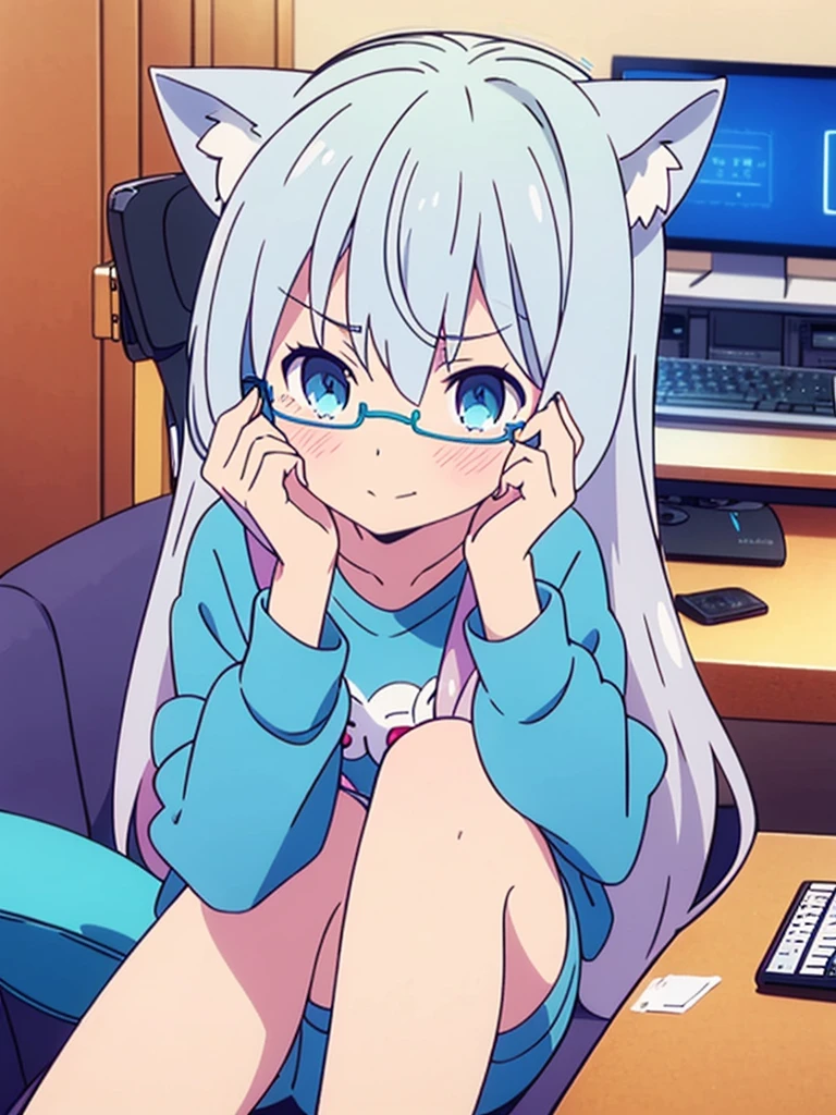 vtuber nekomimi  beautiful blue sweatshirt blue shorts beautiful girl blue eyes long white hair with glasses perfect anatomy  in room in front of pc gaming