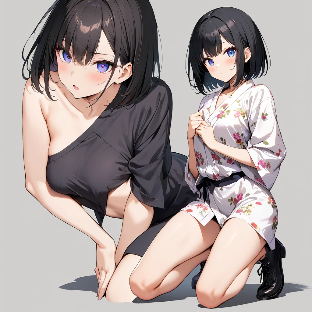 16k works,Highest quality,18-year-old,No background.White background only,whole body、Kneel,Dynamic and sexy pose, One person, Beautiful Face,, Symmetrical eyes, Perfect body, Good balance、 Perfect body、Bob black hair、(Floral Yukata 1.2)