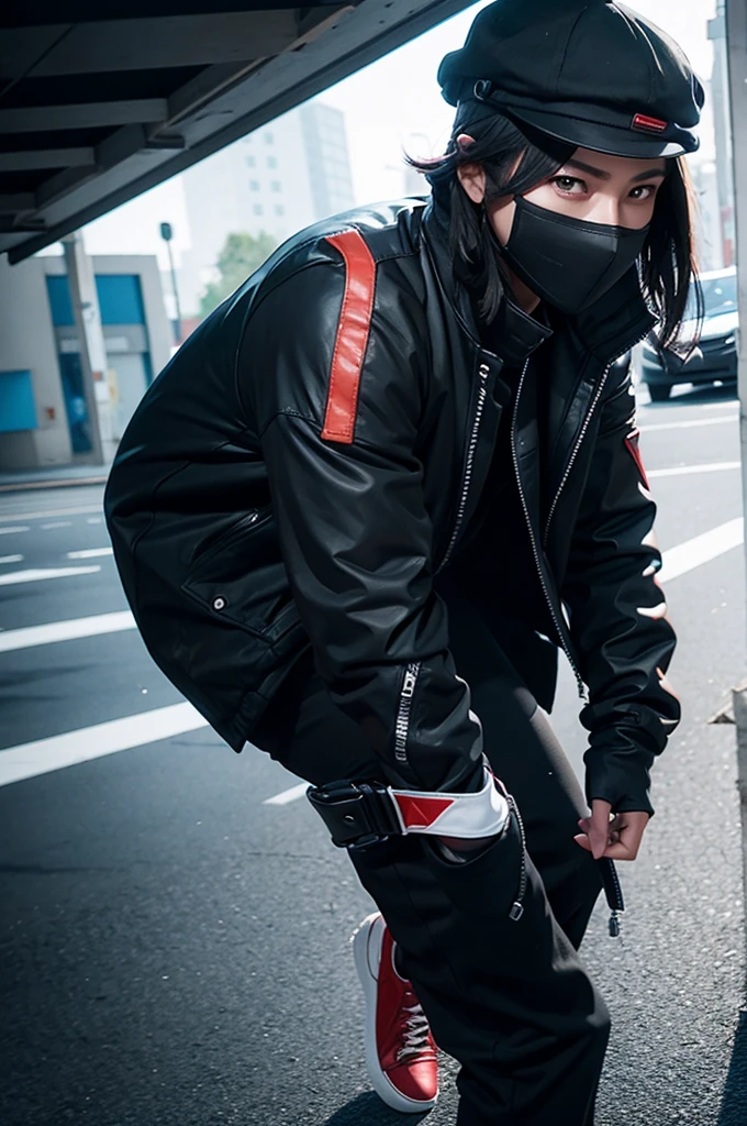 A man with a black cap black pants with white detail black blouse with red detail black shoes with blue and a black mask WITH FIRST PERSON AND WITH THE FORMAT OF THE FREE FIRE GAME
