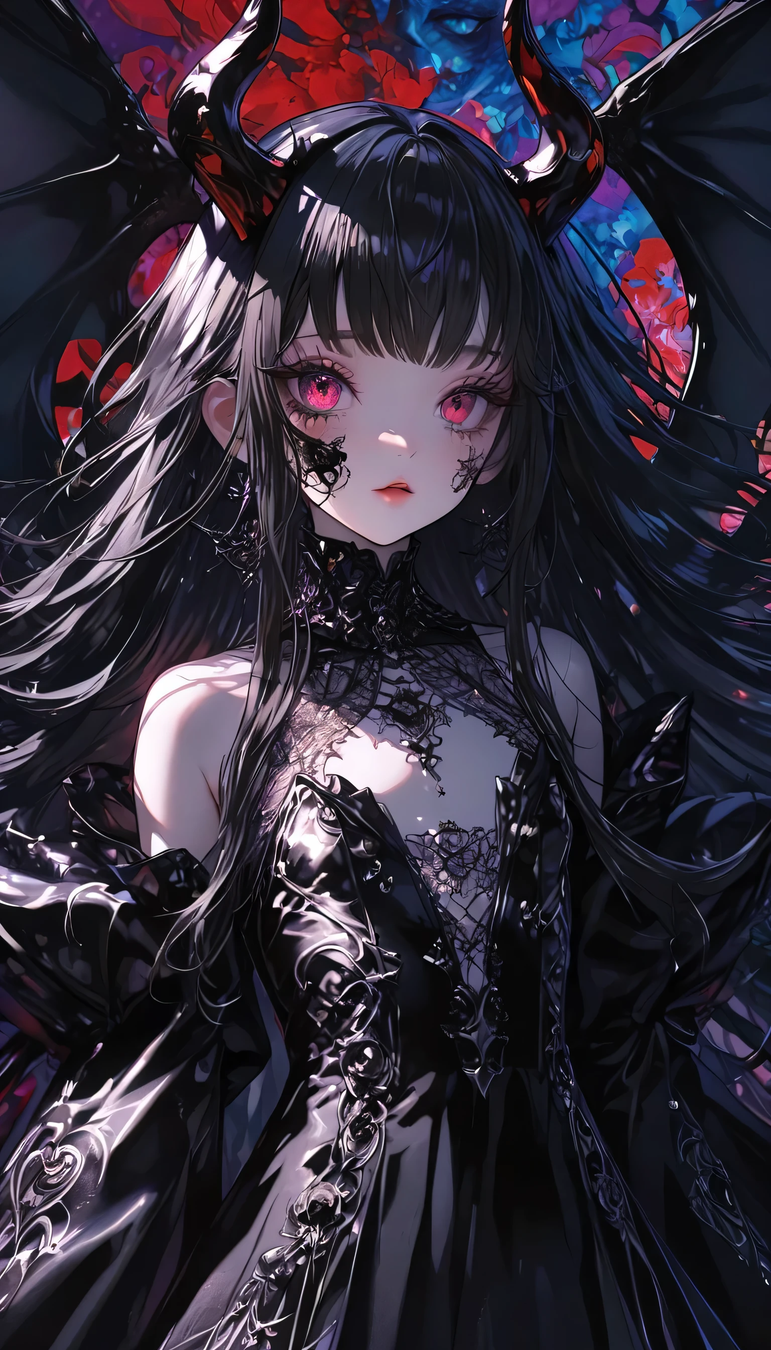 (Maximalism:1.5),(absurdres:1.5), (highres), (best quality:1.1), (ultra-detailed:1.1), (an extremely delicate and beautiful), 1 girl, (beautiful face), (detailed face), Devil,transparent black hair, long hair, devil horns, devil wings, flat chest, black gothic dress, beautiful face, (detailed face), portfolio, clear black hair, long hair, black darkness stirring background, glitter,( Zentangle:1.2),