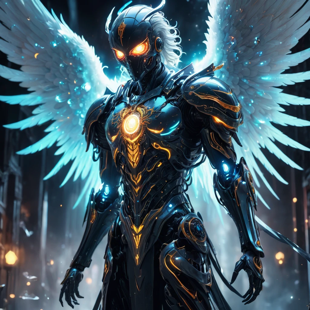Cosmic Fallen Angel, glowing light eyes, Biomechanical, eerie, Creepy, nightmarish, Very bright colors, Light particles, with light glowing, Mshiff, wallpaper art, UHD wallpaper