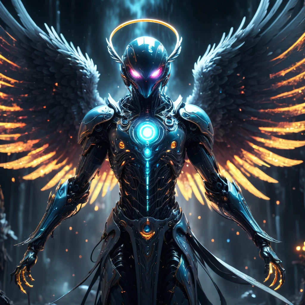 Cosmic Fallen Angel, glowing light eyes, Biomechanical, eerie, Creepy, nightmarish, Very bright colors, Light particles, with light glowing, Mshiff, wallpaper art, UHD wallpaper