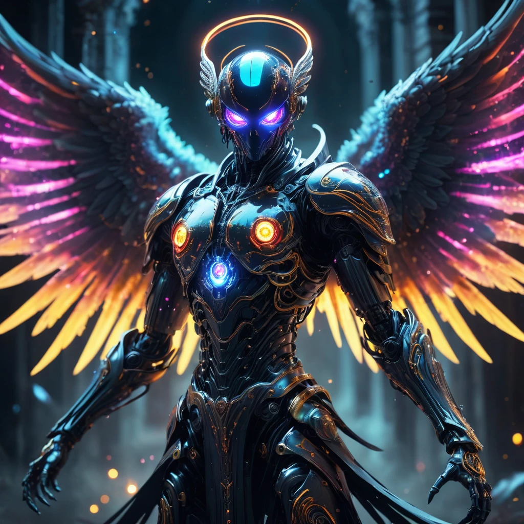 Cosmic Fallen Angel, glowing light eyes, Biomechanical, eerie, Creepy, nightmarish, Very bright colors, Light particles, with light glowing, Mshiff, wallpaper art, UHD wallpaper