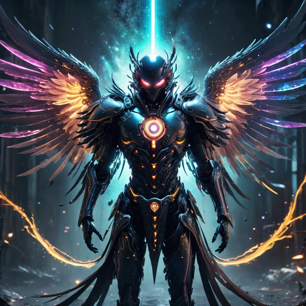 Cosmic Fallen Angel, glowing light eyes, Biomechanical, eerie, Creepy, nightmarish, Very bright colors, Light particles, with light glowing, Mshiff, wallpaper art, UHD wallpaper