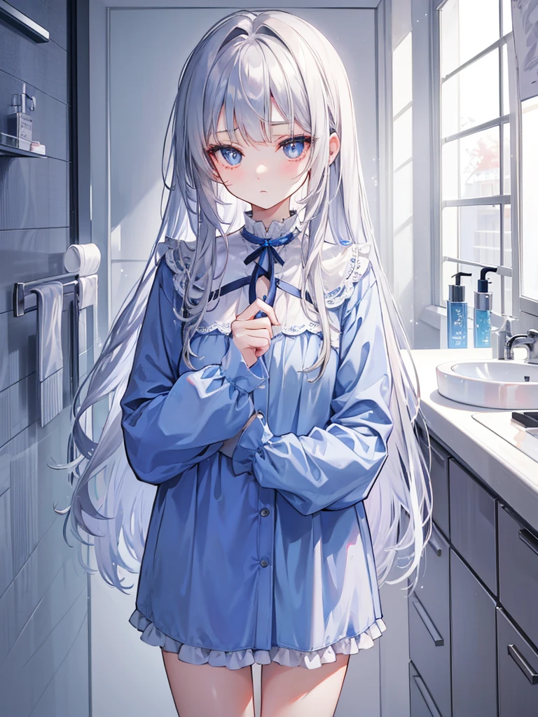 Alisa mikhailovna kujou, 1girl, Long silver hair, blue pupils, Wearing pajamas, Looking in the mirror, ((Bathroom)), A face that is still sleepy