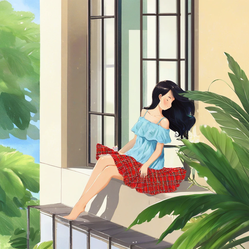 flat illustration, The watercolor, anime style, you asked for it, with the Brazilian woman as the focal point of the scene. She sits with her back to us on a concrete porch, her arms resting on her knees and her straight black hair falling around her shoulders. She wears a light blue blouse with thin straps and a floral skirt, her lips are a striking red and she wears black flip-flops. A brown plaid bag sits on the balcony, and the background has a beige wall with a window and potted plants by Daniela Uhlig