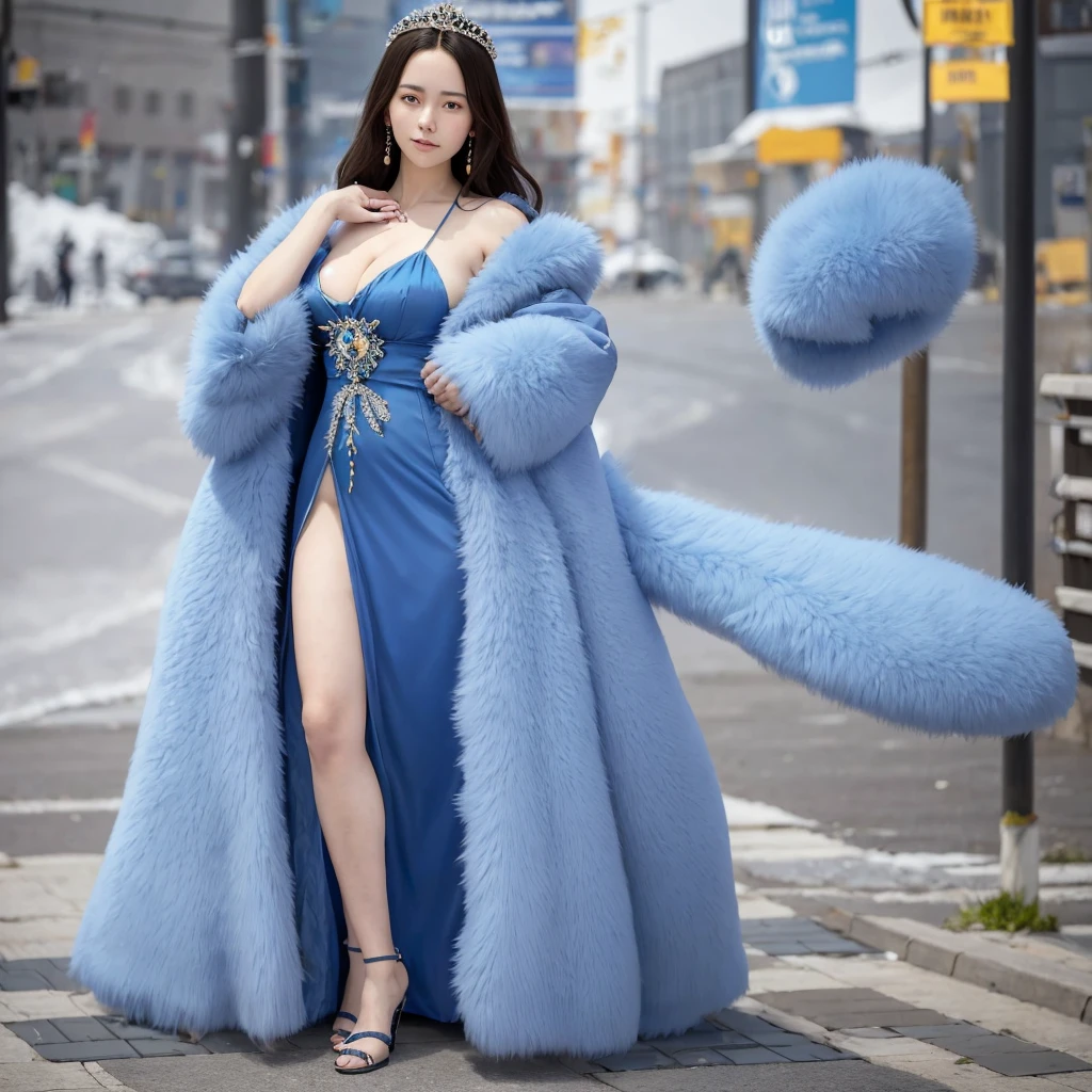 A woman from Arafat wearing a blue dress and fur coat poses for a photo，CGSTATION TRENDS，Full body fairy，Beautiful and  anime woman，[4k digital art]!!，Guweiz，Beautiful fantasy queen，Beautiful rendering of the Tang Dynasty，Guweiz 杰作, Smooth anime CG art, CGSTATION Trends, Attractive anime girl
