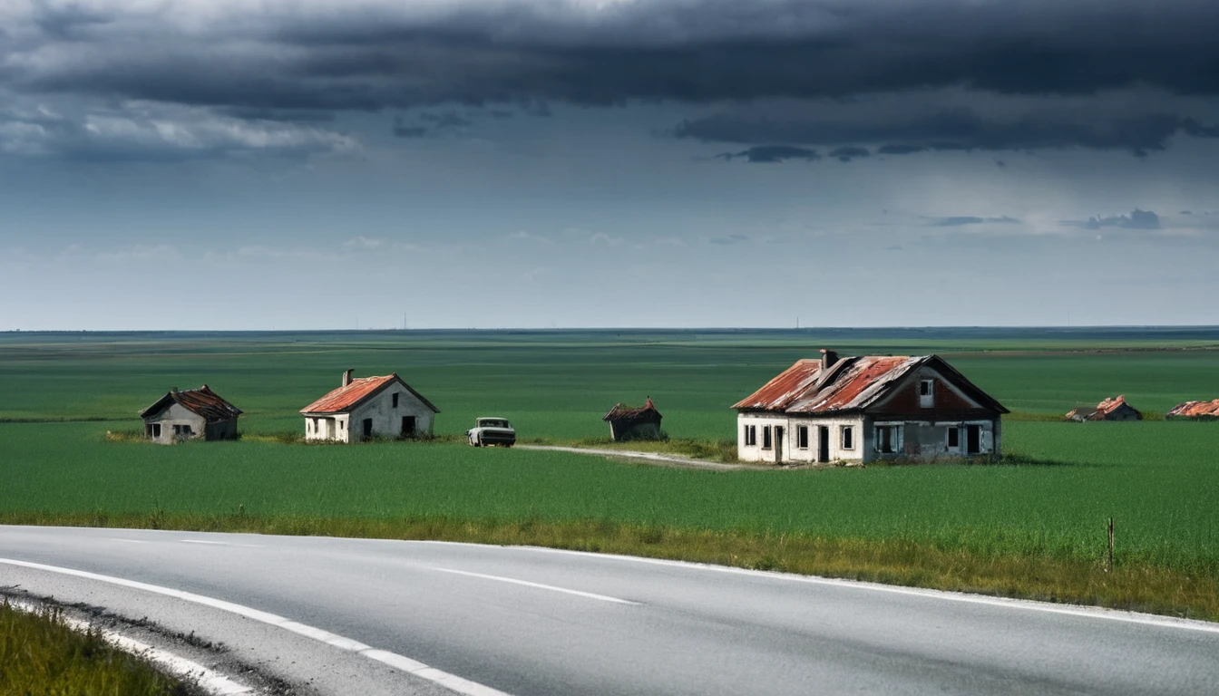 lonely car driving on the road, seen from afar, several abandoned houses in the landscape, sinister environment