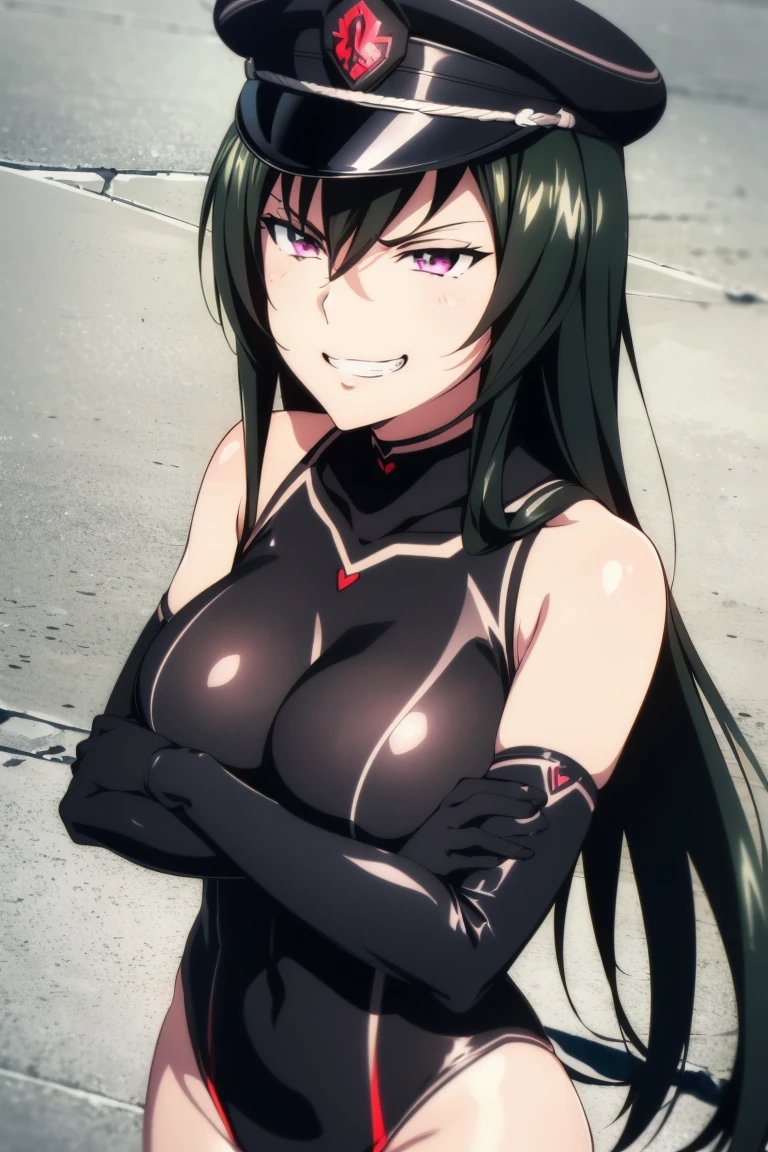 age girl, 16 y(grinning lasciviously))), seductive anime girl, (((nefarious smirk))), [[[[grinning evily]]]], beautiful, masterpiece, ultra detailed, extremely detailed, ultra high res, 8k, beautiful detailed face, anime screencap, heart shaped face woman, (black hair:1.2), long hair, hair between eyes, large breasts, fearless face, sharp face, slant eyes, cat eyes, 170cm tall, adult, perfect proportion, (((black high-leg leotard))), (((dare shoulder))), cleavage, (((thigh boots))), choker, (((military cap))), anime style, ultra detailed beautiful face and eyes, front view, raw phot, incredibly absurdres, Beautiful portrait of cute anime girls, super fine illustration, full-hd, hdr, best aesthetic, distinct, exquisite, masterwork, by famous artist, highers, (((perfect anatomy))), mocking, (((rape face))), (((evil grin))), intense eyes, sadistic, gleaming skin, oil skin, slut face, full-face blush, smirking, mischievous grin, furrowed mouth, both legs, pouty lips, downturned corners, rosy hue, grin widely, cheeky smirk, (((bad-tempered glare))), gloating, crazy smile, scary face, cruel smile, fang, connected teeth,, (((elbow gloves))), (((big connected teeth)), glare, grimace, smirk, (((scowling face))), smile broadly, symmetrical eyes, even eyes, perfect eyes, (((squinting eyes))), deep detailed eyes, shiny clothes, 1girl, solo, smug, smile grimly, (((dimpled smile))), pink eyes, (((upper body shot))), (((laugh))), (((pleasure face))), (((brutality face))), (((scary face))), (((empty eyes))), anime best girl, [[[[grinning evily]]]], anime moe artstyle, looking at viewer,　cowboy shot,　standing,　clenched teeth,　turtleneck, breast hold,　from above, leaning forward, depth of field,　shiny clothes, covered collarbone,