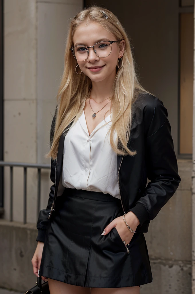 A 19-year-old blonde woman, ((hyperrealism),. blonde hair, long hair, beautiful, cute face, shy smile, earrings, rings, necklace, glasses, on the street of city, elegant black classic jacket, black skirt, white formal shirt under black jacket